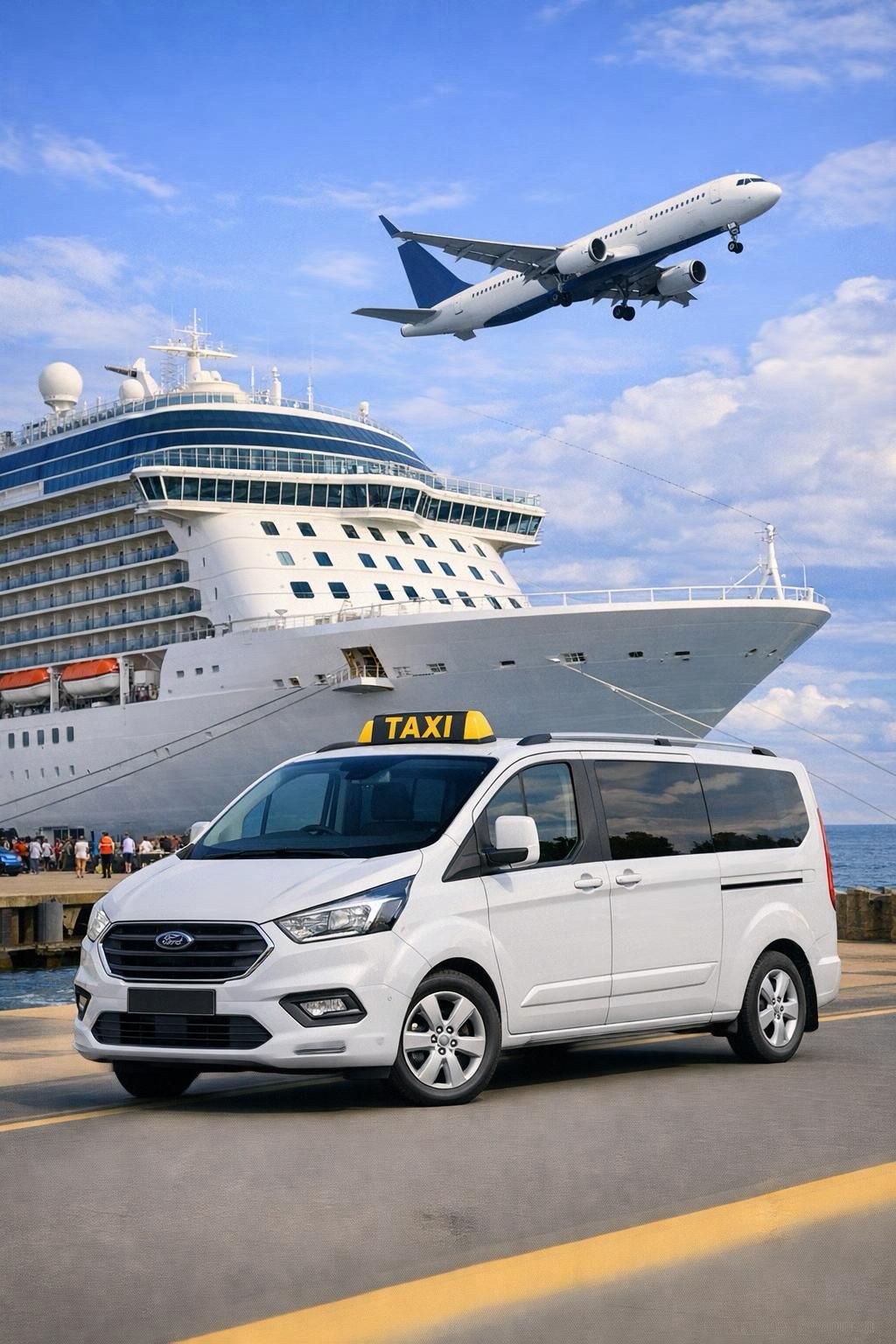plane, cruise ship and taxi